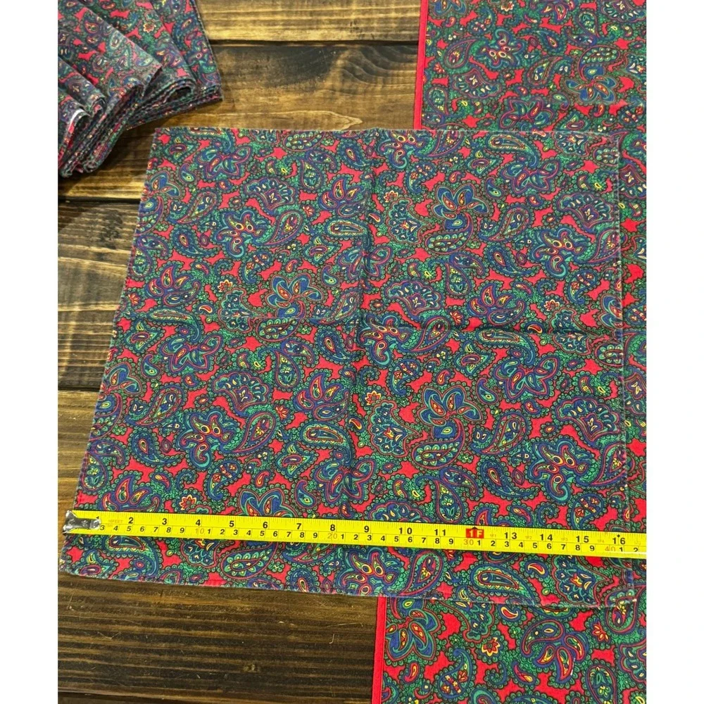 Vintage Cotton Paisley Table Runner & 8 Napkins Red Green Holiday Linen Set 90s